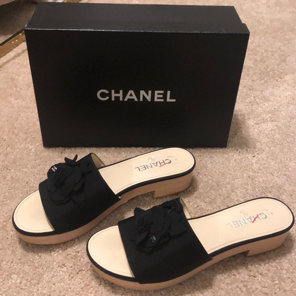 Black Camellia Chanel Slip Ons - Picture 2 of 6